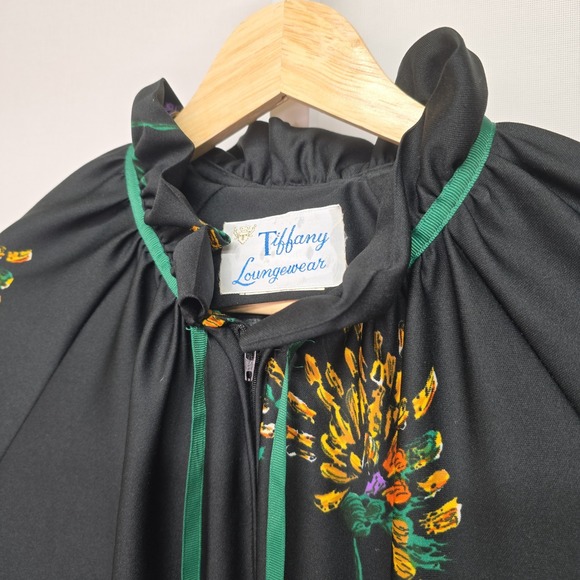 Vintage Tiffany Loungewear Black Floral Print Full Zip Robe Duster Long Sleeve - Picture 2 of 9
